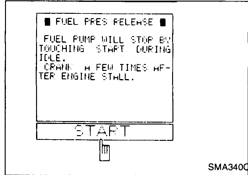 Consult-tool screen showing the 'FUEL PRES RELEASE' work-support screen with the text 'FUEL PUMP WILL STOP BY TOUCHING START DURING IDLE. CRANK A FEW TIMES AFTER ENGINE STALL.' and a START button at the bottom.