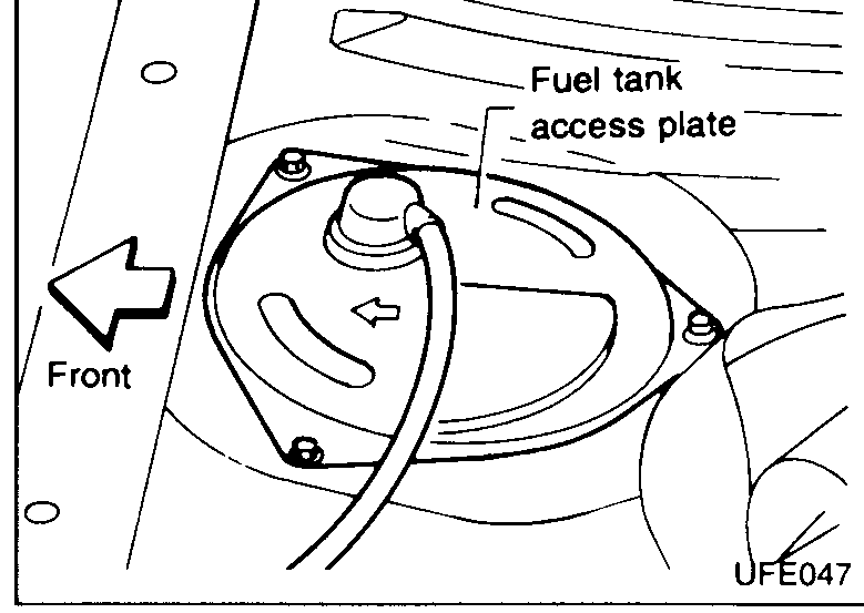 Underside view of the rear seat area showing a cup-shaped fuel-tank access cover with hoses routed across the top.