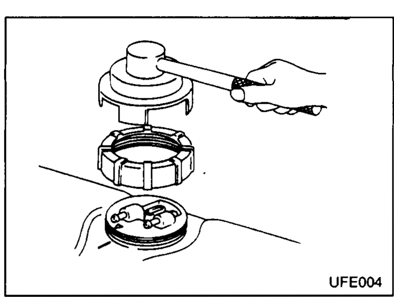 Top view of the fuel-tank access plate showing a tool (SST KV999G0010) being used to remove the locking ring around the fuel-gauge sender unit. Hands are shown gripping the tool.