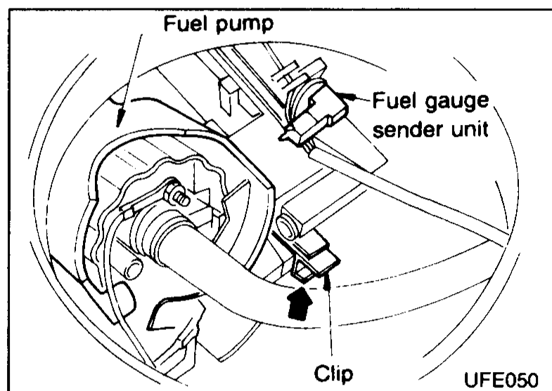 Underside of the fuel-tank access cover being lifted out, with hoses and a connector still attached. Callouts: 'Fuel return hose', 'Fuel feed hose', 'Connectors'.