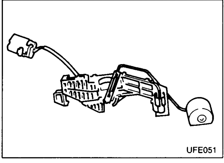 Close-up of the fuel pump assembly with the fuel-gauge sender unit clipped to its support bracket. Callouts: 'Fuel pump', 'Fuel gauge sender unit', 'Clip' — an arrow points to the clip to be pulled to release the sender.