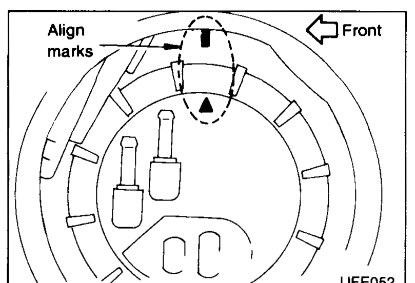 Top view of the fuel-tank access cover seated over the tank opening. Two arrows are highlighted: one pointing inward labelled 'Align marks' (alignment indicator on the cover) and one at right labelled 'Front'. The locking-ring slots are visible around the perimeter.