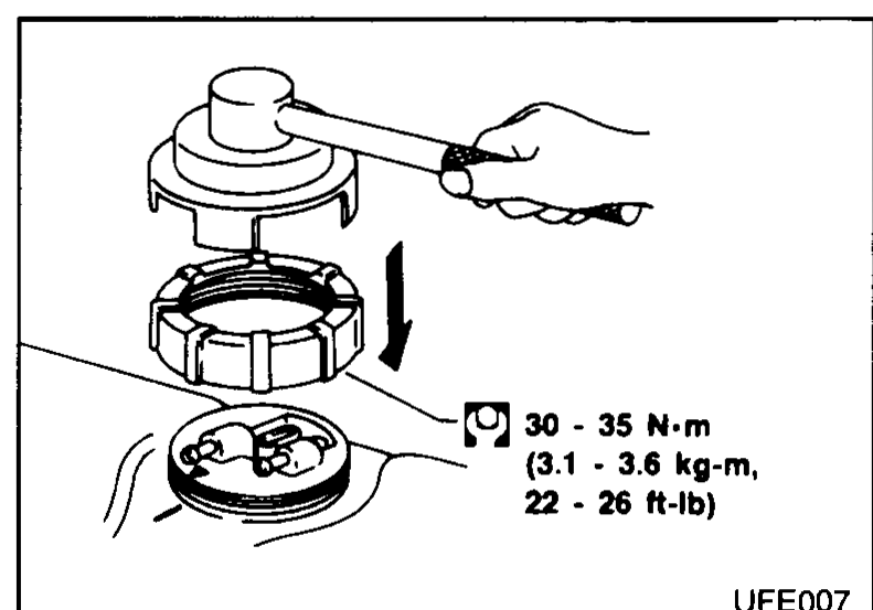 Top view of access plate with the SST KV999G0010 fitted to the locking ring; a hand applies torque, with rotation arrow and torque legend '30 - 35 N·m (3.1 - 3.6 kg-m, 22 - 26 ft-lb)'.
