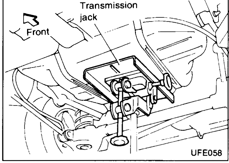 Underside view of the fuel tank being supported with a transmission jack. Callouts: 'Transmission jack', 'Front' (arrow).