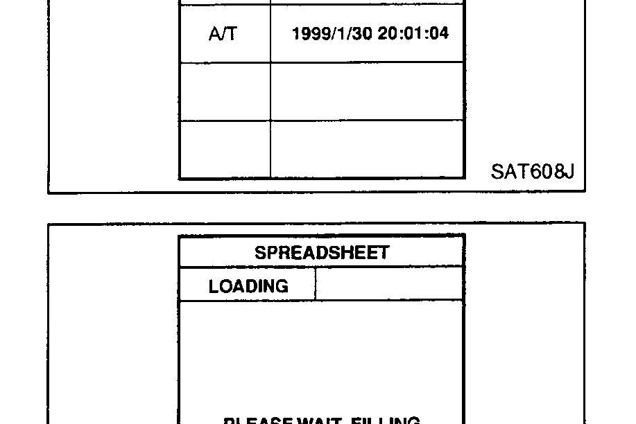 CONSULT-II 'SAVE DATA' screen listing A/T entries with timestamps (1999/1/30 19:59:18, 1999/1/30 19:59:42, 1999/1/30 20:01:04).
