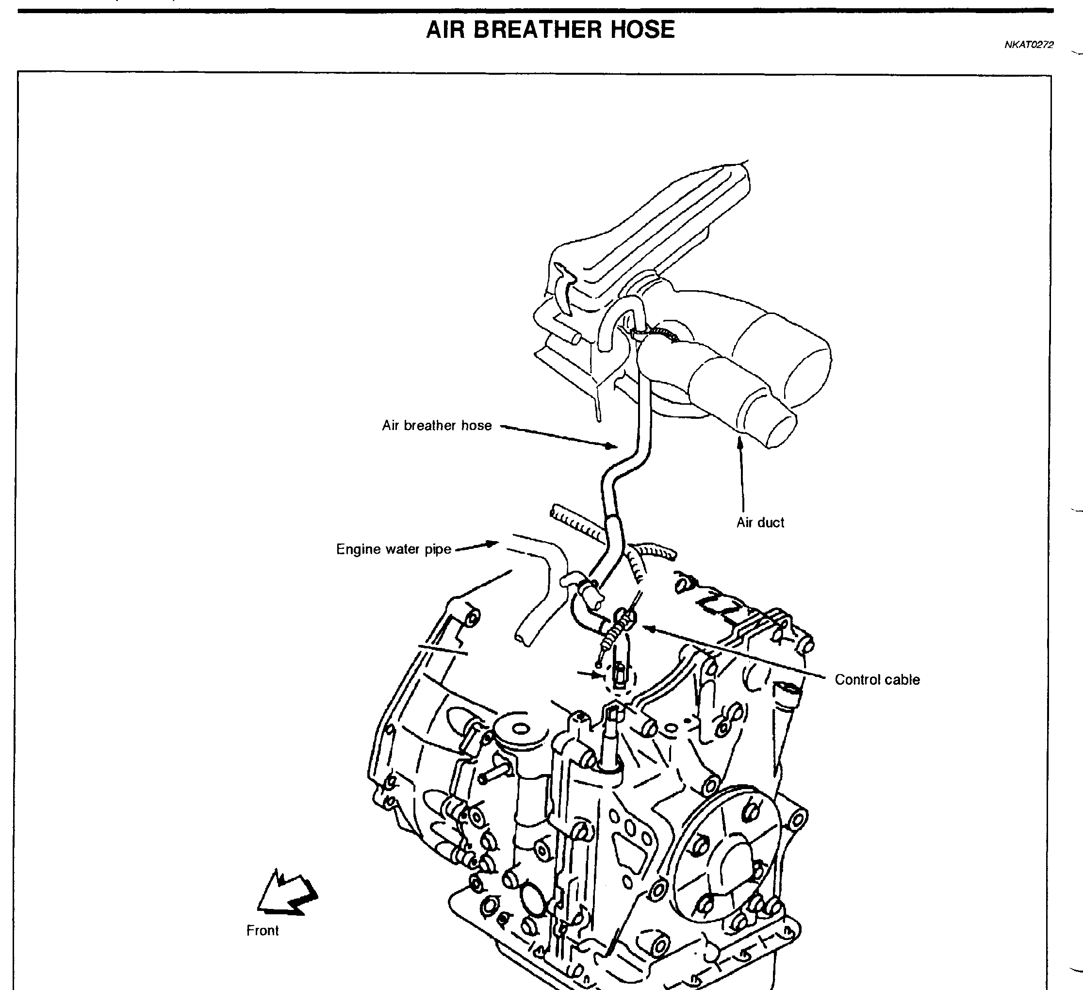 Transaxle assembly with air breather hose, air duct, engine water pipe, control cable, and Front direction arrow