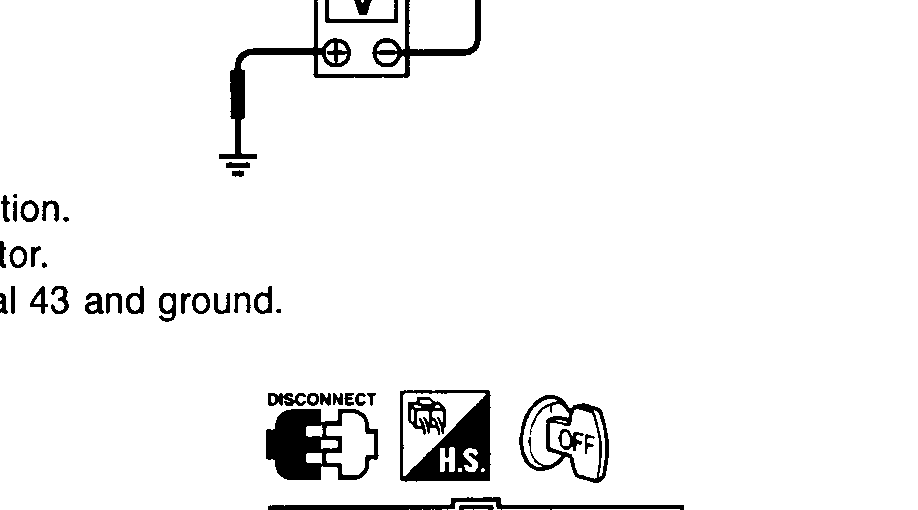Continuity check between TCM connector terminal 43 (W/B) and ground using ohmmeter, with TCM harness connector disconnected and ignition OFF.