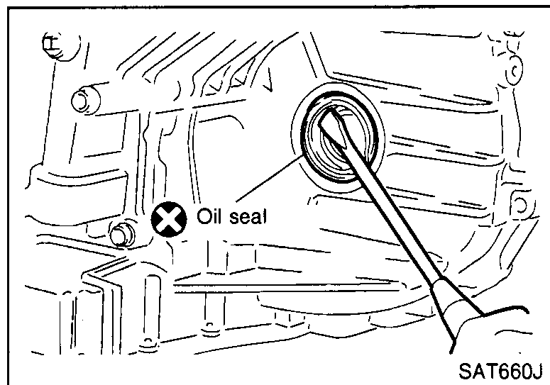 CVT case at the differential side with the seal-puller tool inserted into the oil seal bore; 'Oil seal' callout.