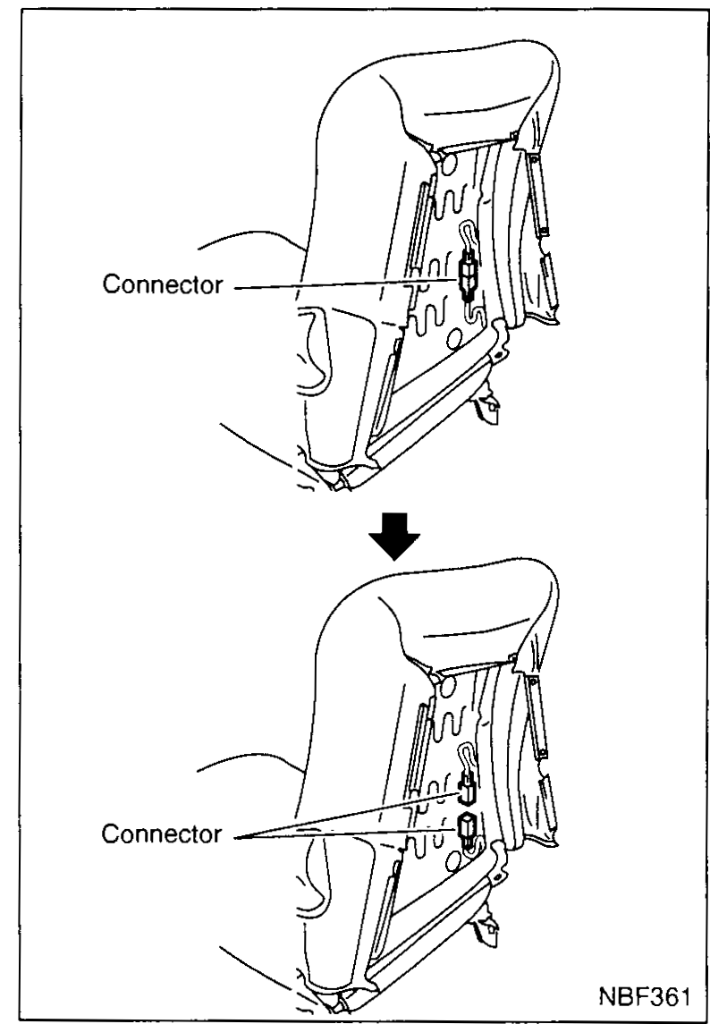 Two-panel view of the front seat back from the rear showing the seat-back board being removed. Upper panel shows the side-air-bag connector secured to the seat back; a downward arrow indicates removal direction. Lower panel shows the seat back with the connector visible after the board is removed.