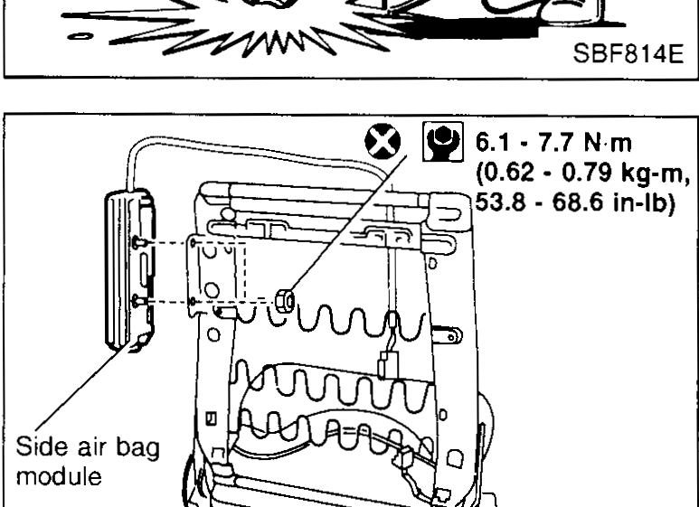 Rear/inside view of seat back with the 'Side air bag module' installed on the seat-back frame. Torque callout: '6.1 - 7.7 N·m (0.62 - 0.79 kg-m, 53.8 - 68.6 in-lb)' for the torx nuts.