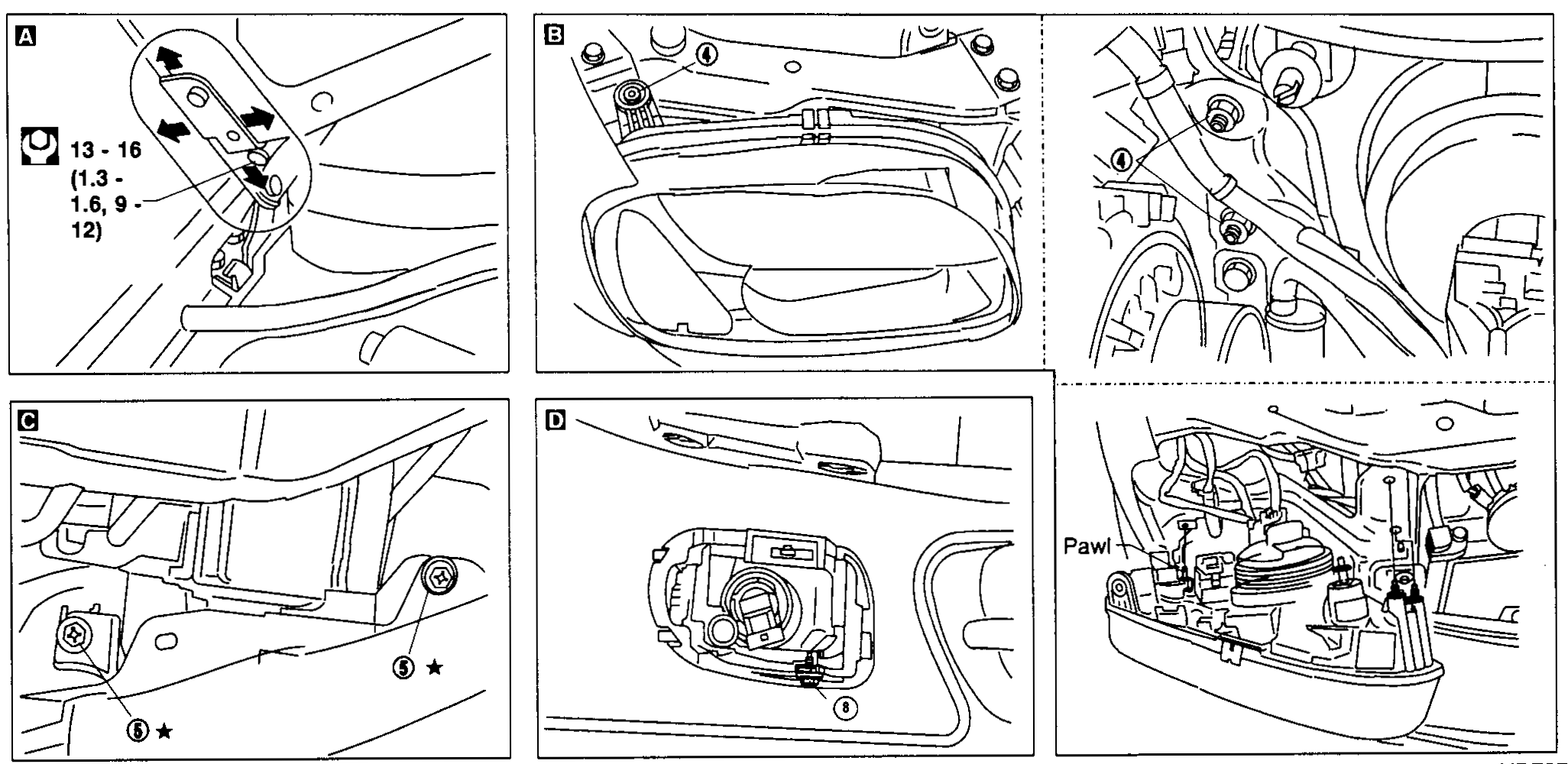 Composite illustration with six sub-panels (A–F) showing bumper assembly removal. Panel A: clip-removal detail with torque callout '13 - 16 (1.3 - 1.6, 9 - 12)' N·m for the bumper-assembly mounting bolts. Panel B: screw removal at headlamp mount. Panel C: lower fascia screws. Panel D: fog lamp screw and bulb assembly. Panel E: empty/cropped. Panel F: bumper interior showing 'Pawl' callout. Legend: ★ Bumper assembly mounting bolts.