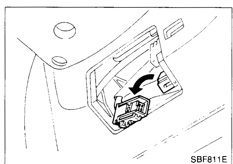 Close-up of the steering wheel side lid removed exposing the special bolt securing the air bag module: Special bolt tightening torque 7.9 - 13.7 N·m (0.8 - 7.3 kg-m [?], 69 - 121 ft-lb [?]).