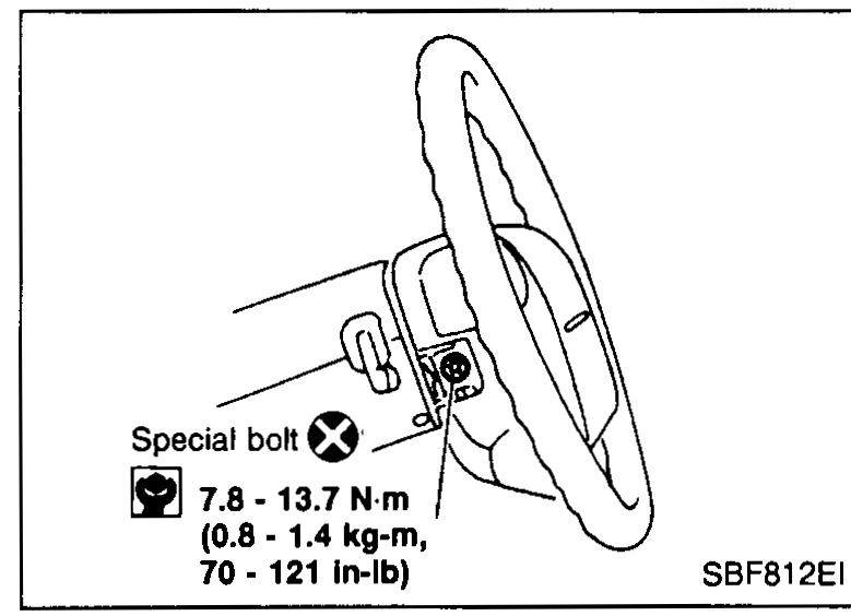 Steering wheel with driver air bag module being secured by the special bolt. Torque callout: 7.8 - 13.7 N·m (0.8 - 1.4 kg-m, 70 - 121 in-lb).