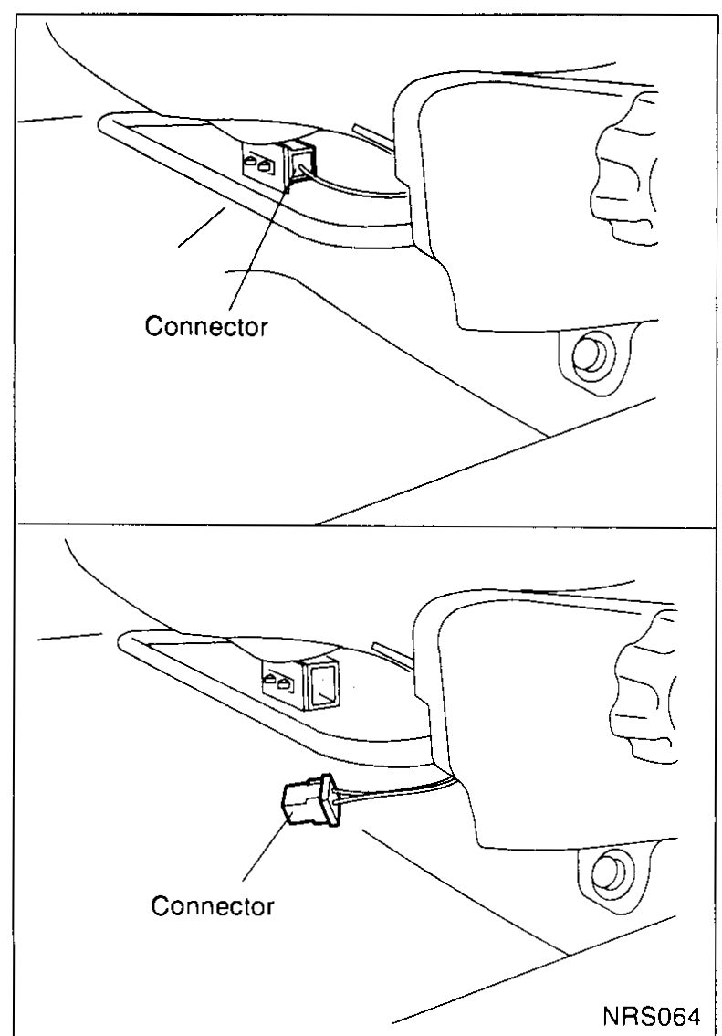 Two views from underneath the front seat showing the side air bag module connector — top: unlocking the connector tab; bottom: connector fully disengaged.
