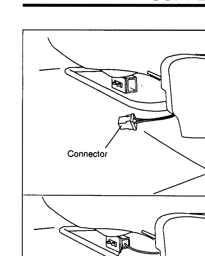 Two views from underneath the front seat showing the side air bag module connector being engaged: top — connector aligned; bottom — connector locked.