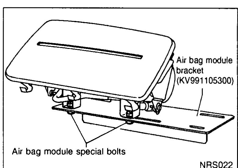 Passenger air bag module secured on the air bag module bracket (SST KV99105300) using the module's special bolts.