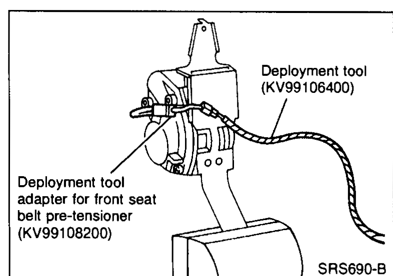 Deployment tool adapter for front seat belt pre-tensioner (SST KV99108200) connected to the deployment tool (SST KV99106400) and to the pre-tensioner connector.