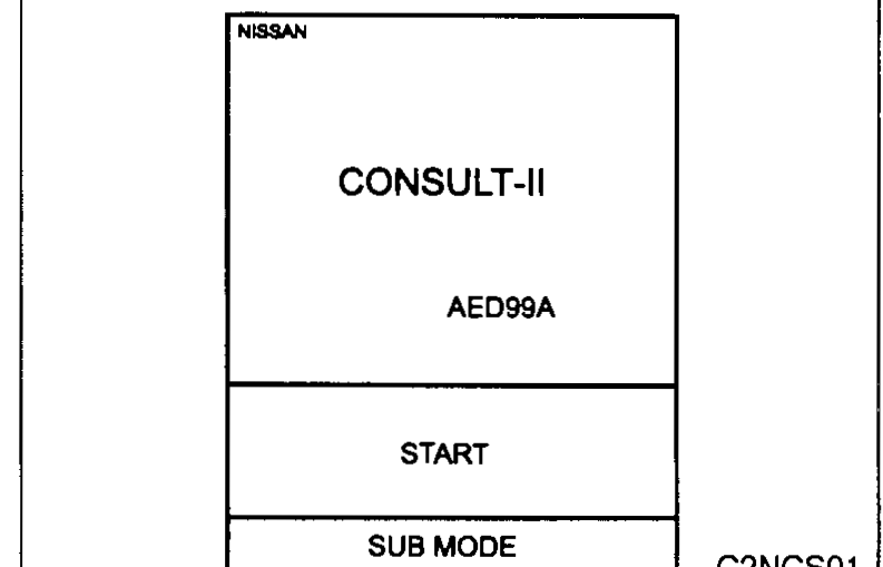 CONSULT-II top screen — NISSAN, AED99A — START and SUB MODE keys.