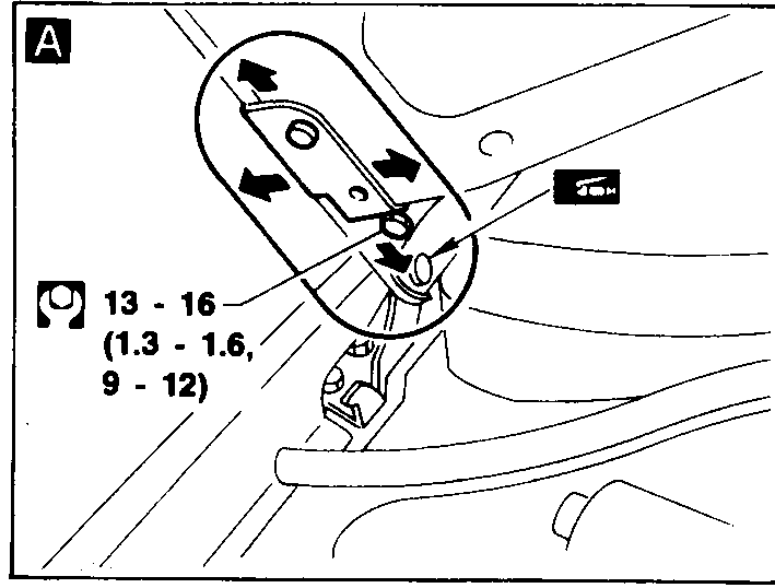 Detail A — bumper-stay nut at the side member with torque callout 13 - 16 N·m (1.3 - 1.6 kg-m, 9 - 12 ft-lb).