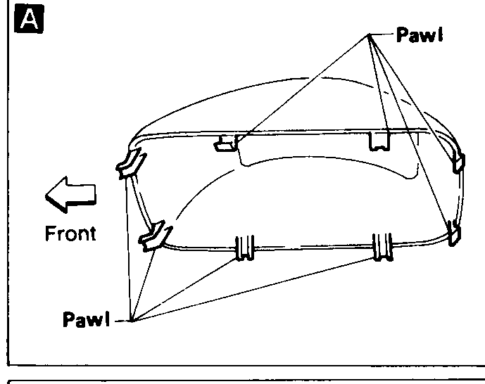 Detail A — A/T finisher / shift-lever boot removal. Two pawls latch the boot ring to the finisher; arrow shows Front direction.