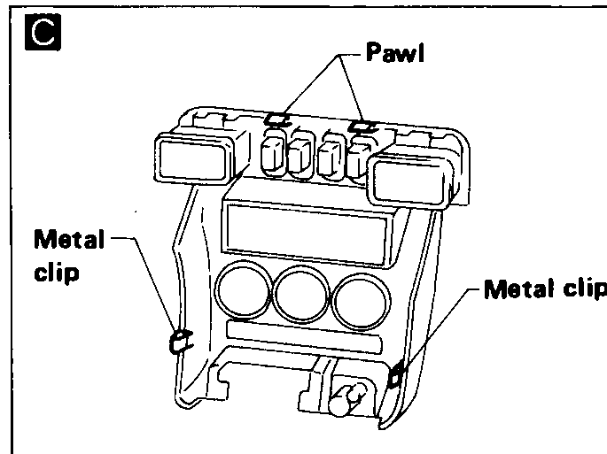 Detail C — cluster lid A (heater-control area) with pawls at top and metal clips at both lower sides.