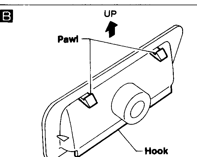 Detail B — lock pillar finisher (3-door) or center pillar lower garnish (5-door) with internal Pawl + Hook. UP direction arrow.