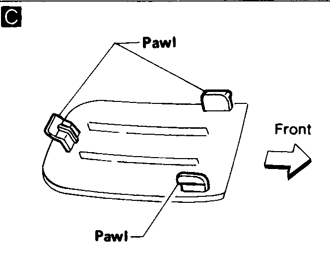 Detail C — rear side finisher (3-door) / center pillar upper garnish (5-door) — pawls top and side, Front direction arrow.
