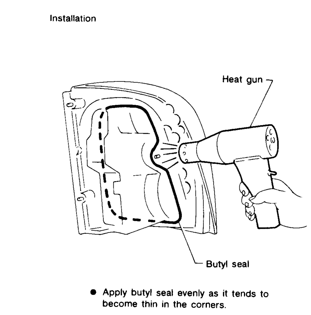 Installation — heat-gun applied to the lamp aperture with the butyl-seal bead in place.