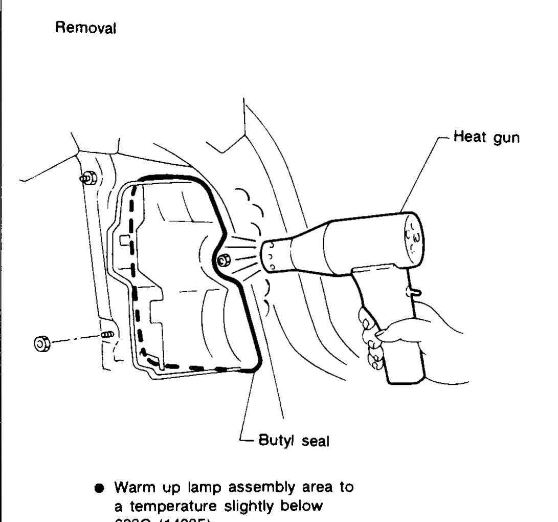 Removal — heat-gun applied to the rear-combination-lamp aperture from outside; butyl-seal bead is highlighted along the lamp perimeter.
