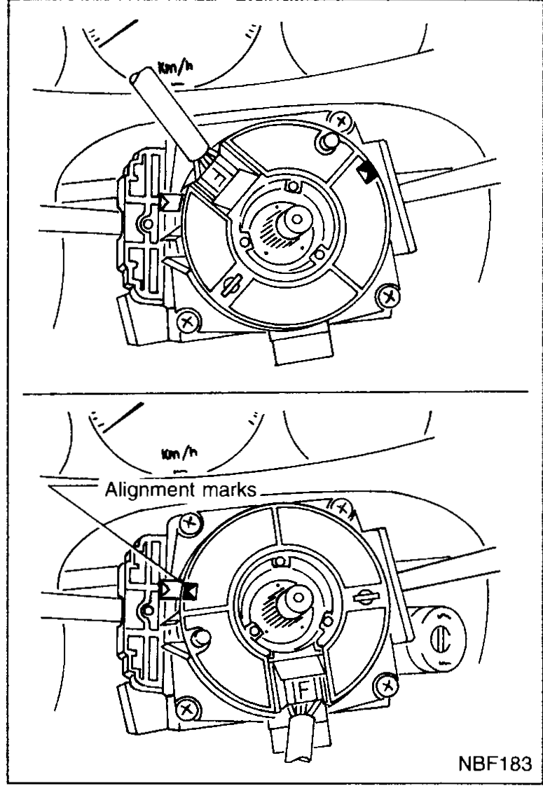 Two-stack view of the spiral cable alignment. Top: spiral cable turned clockwise until resistance. Bottom: spiral cable backed off ~2.5 turns until the alignment marks meet.