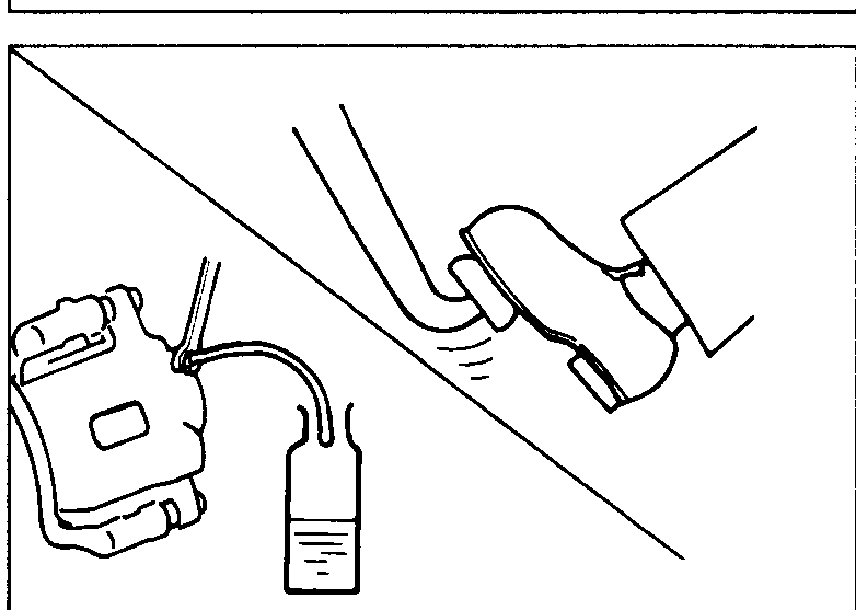 Illustration showing a transparent vinyl tube connected to a caliper's air bleeder valve, draining brake fluid into a container.