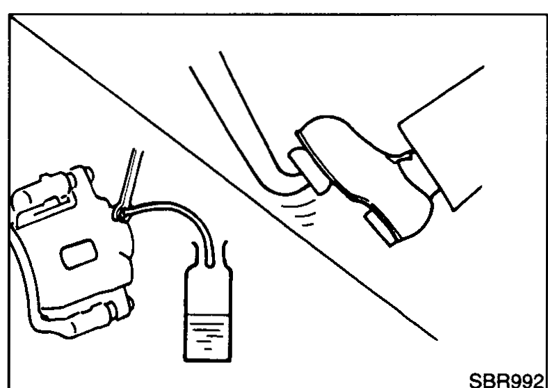 Illustration of vinyl tube connected to caliper air bleeder valve draining brake fluid into a container.