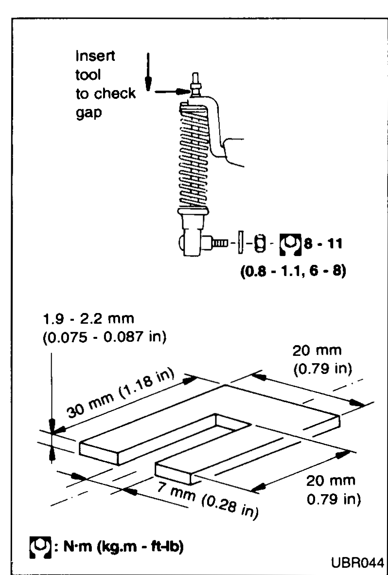 Illustration showing load sensing valve inspection: the upper part shows where to insert a tool to check the gap (spring length 1.9 - 2.2 mm / 0.075 - 0.087 in) and torque spec (8 - 11 N·m, 0.8 - 1.1 kg-m, 6 - 8 ft-lb). The lower part shows the spacer/gauge dimensions (30 mm × 20 mm with a 7 mm slot, 20 mm wide).