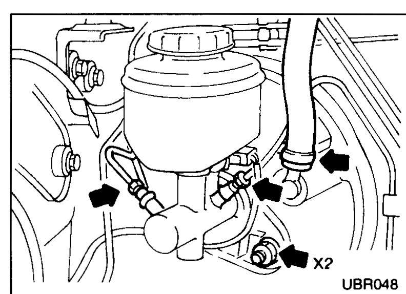 Engine bay view showing the master cylinder location with arrows pointing to the X2 mounting nuts to remove.