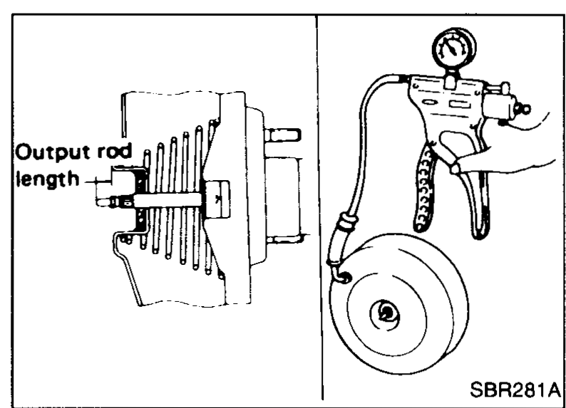 Output-rod length check: brake booster supplied with vacuum from a hand vacuum pump; output rod length measured from the booster face to the tip of the rod.