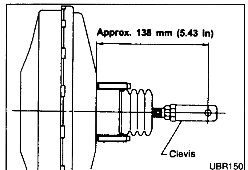 Pre-installation clevis adjustment: dimension from booster mounting flange to the clevis pin centerline is approximately 138 mm (5.43 in). Booster shown in cross-section with the input rod and clevis on the pedal side.