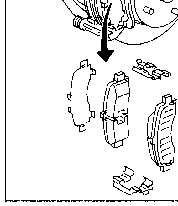 Caliper opened upward, with the cylinder body suspended by wire. Below the rotor, pads, pad retainers and shims are laid out for removal.