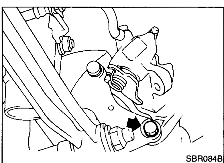 Rear caliper from outboard side with arrow at the pin bolt — Step 4.