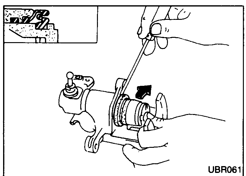 Step 5: piston assembly being fitted into the cylinder bore; arrow indicates insertion direction. Verify piston seal is correctly seated in its groove.
