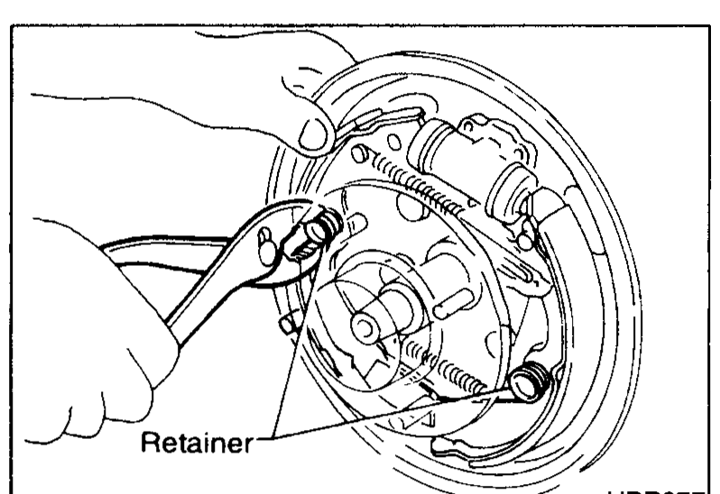 Step 2: tool rotating the shoe hold-down spring retainer 90° to release the spring; backplate shown with shoes still in place.