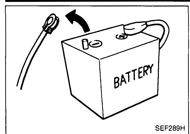 Battery with terminal disconnection arrow.