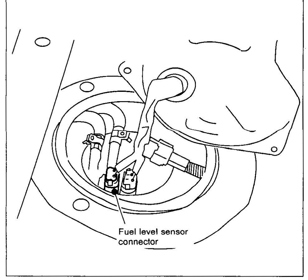 Fuel level sensor connector under fuel tank cover.