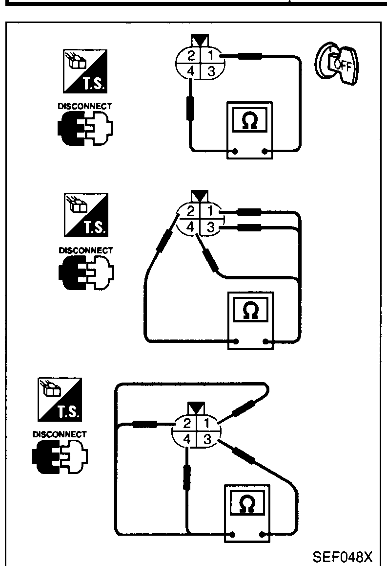 Heated oxygen sensor 2 (rear) heater resistance and continuity test setup with ohmmeter probes on connector terminals