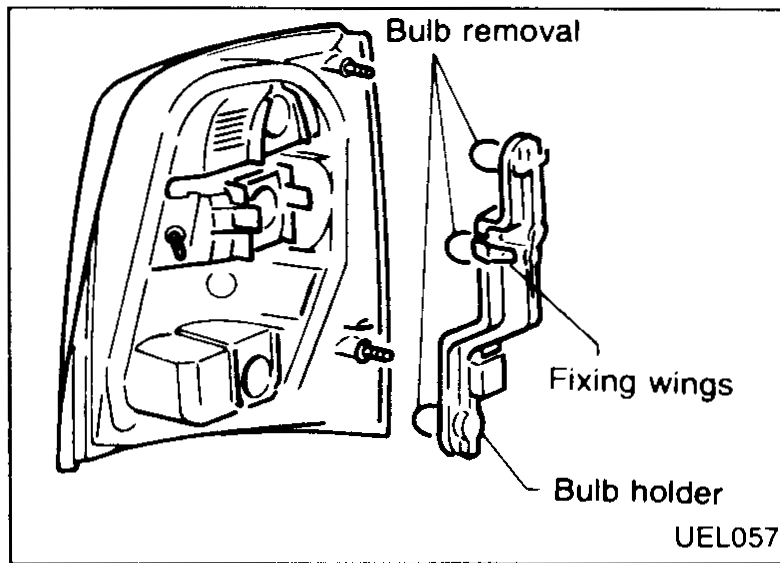 Rear combination lamp viewed from inside luggage compartment showing bulb-removal direction, fixing wings on the bulb holder, and the bulb holder itself.