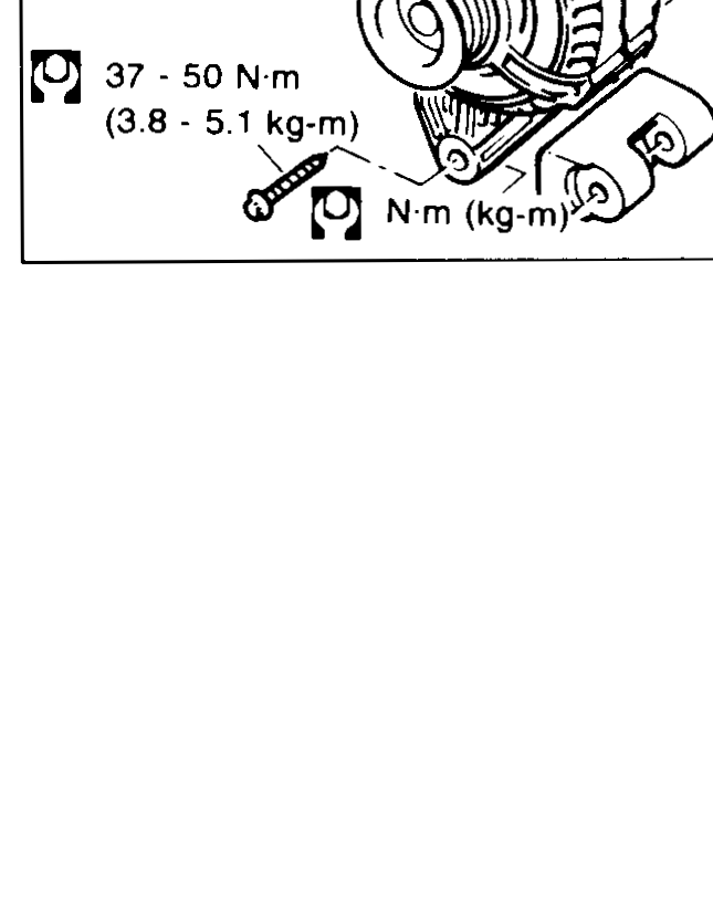 Alternator on engine showing upper and lower mounting-bolt torques 37-50 N·m (3.8-5.1 kg-m) each.