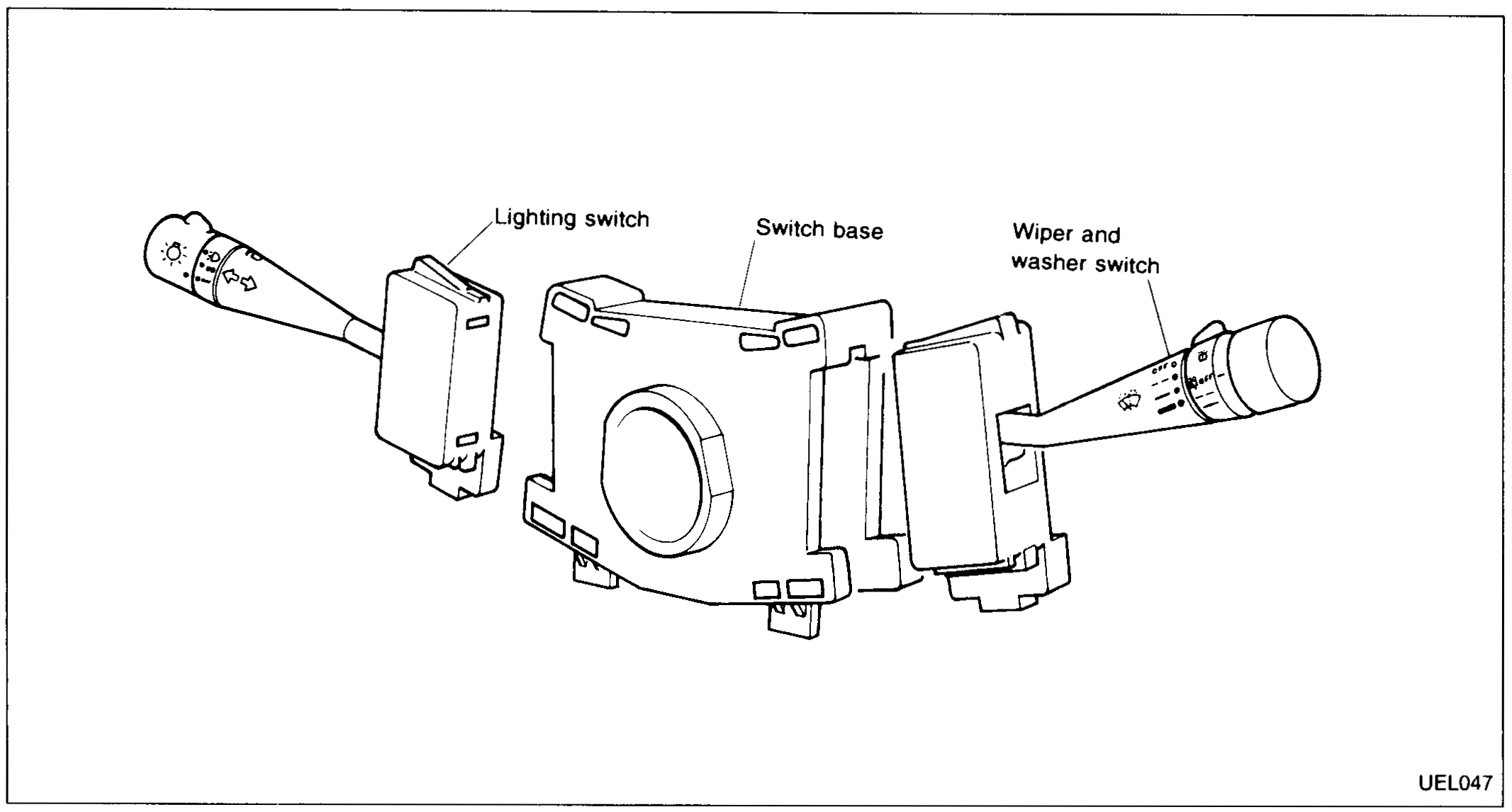 Combination-switch assembly exploded — Lighting switch (LH stalk), Switch base (centre), Wiper and washer switch (RH stalk).
