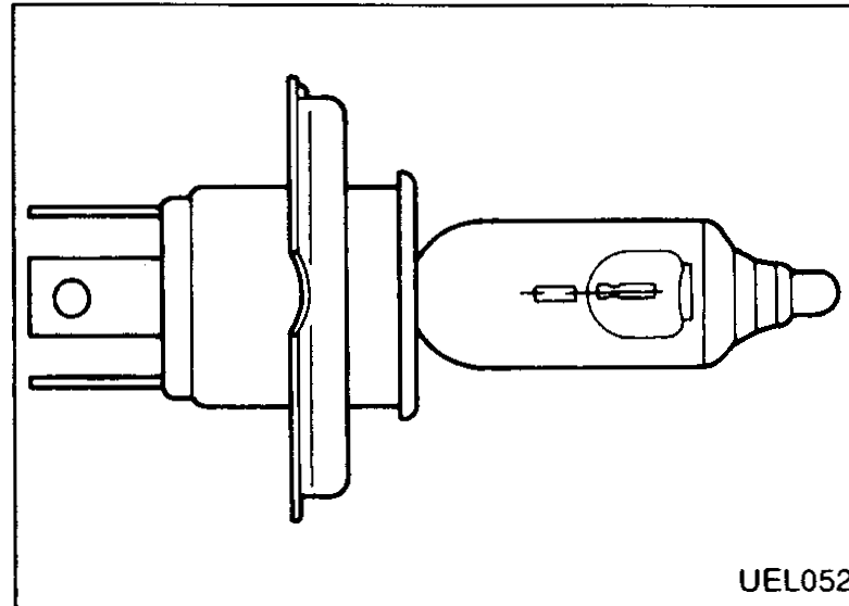 H4 halogen bulb — 3-terminal base shown side-on.