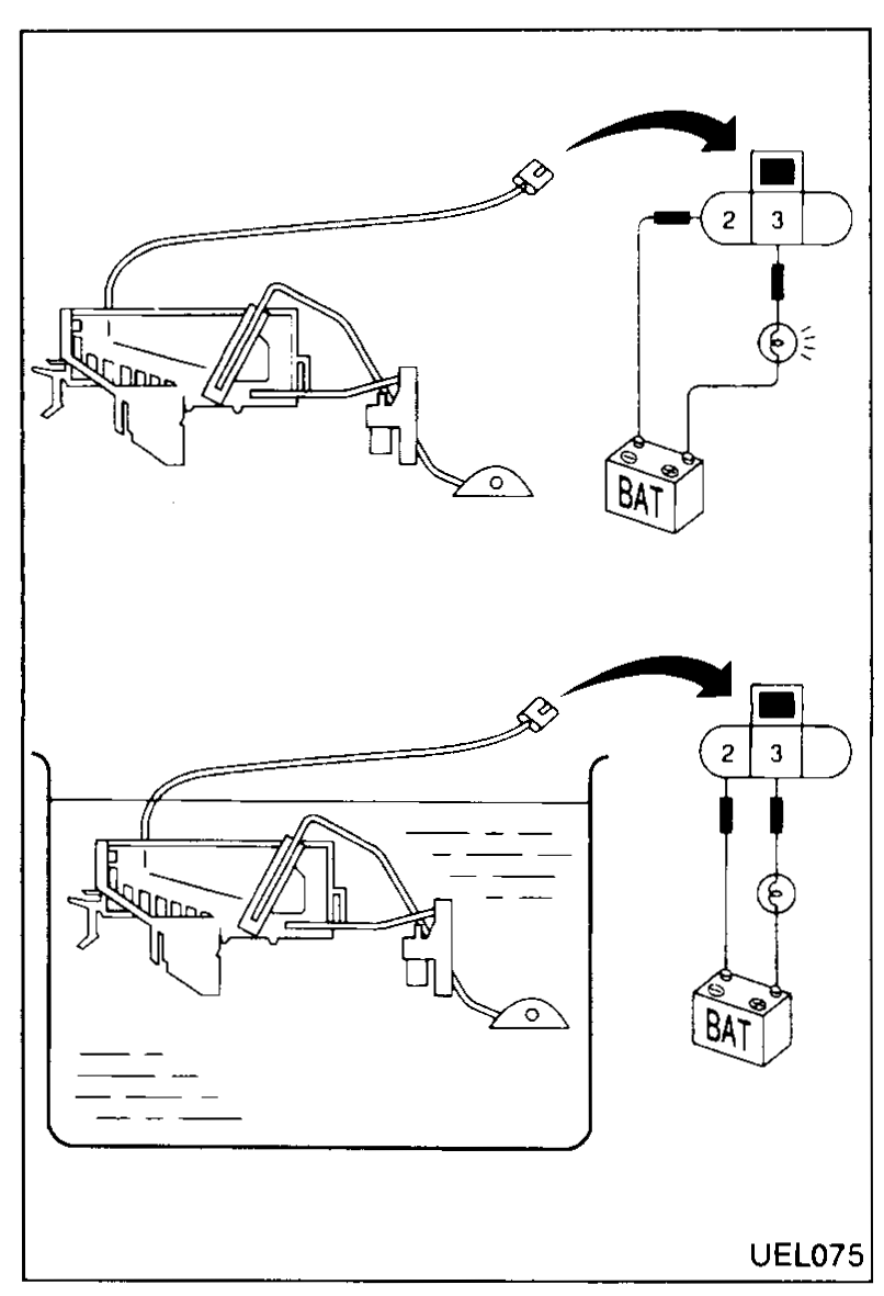 Two-step bench test of fuel warning sensor: top — sender out of fuel, test lamp lights after delay; bottom — sender immersed in fuel, test lamp extinguishes.