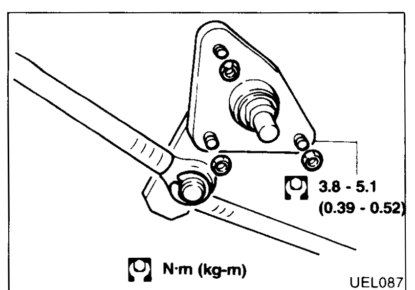 Wiper motor arm + linkage with torque callout 3.8-5.1 N·m (0.39-0.52 kg-m).