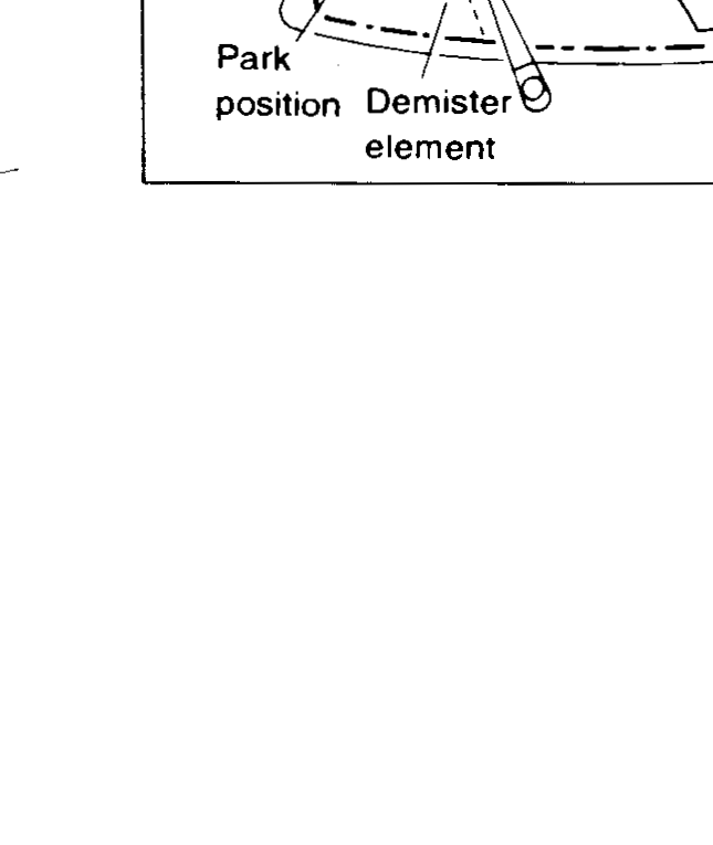 Rear wiper park-position diagram — ±15 mm from centre setting, Screen finisher edge, Park position aligned with Demister element.